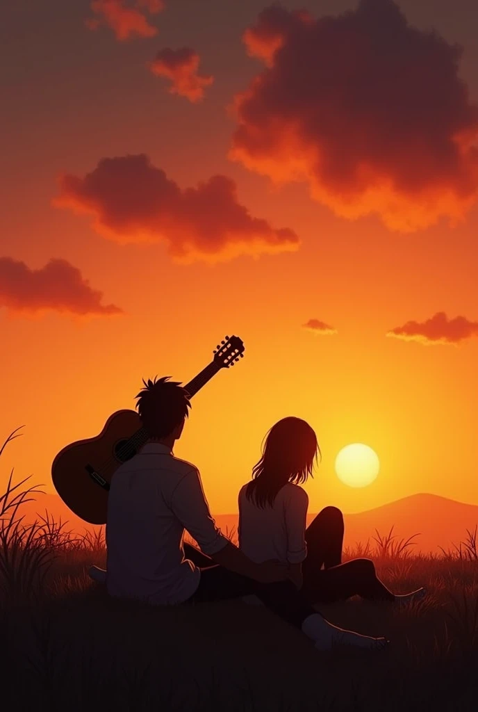 Two people's siluette, one with a guitar on his back, laying on ground, looking to the sunset.