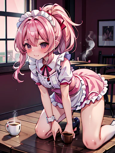 (from the front), Fisheye Lens, Beautiful 2, Curvy, Flat Chest, Small breasts，Underbust, (Kneeling on the round table), (On the table:1.5), (Leg spread), (Coffee cup between legs:1.3), (Classic puffy short sleeve ruffled blouse), (Pink mini skirt), (Pink Maid Apron), (Button-down shirt), (Neck Ribbon Button Gap)+ Thighs, High heels, (View your viewers:1.5), (Embarrassing:1.3), (Smile), (vapor:1.3), (Girl trembling with sexual climax:1.3), Mid-length hair, Pink Hair, High Ponytail, Wavy Hair, Glowing Skin, (coffee shop), window, morning, (crowd:1.3), (masterpiece, Highest quality, High resolution:1.3), Perfect Anatomy