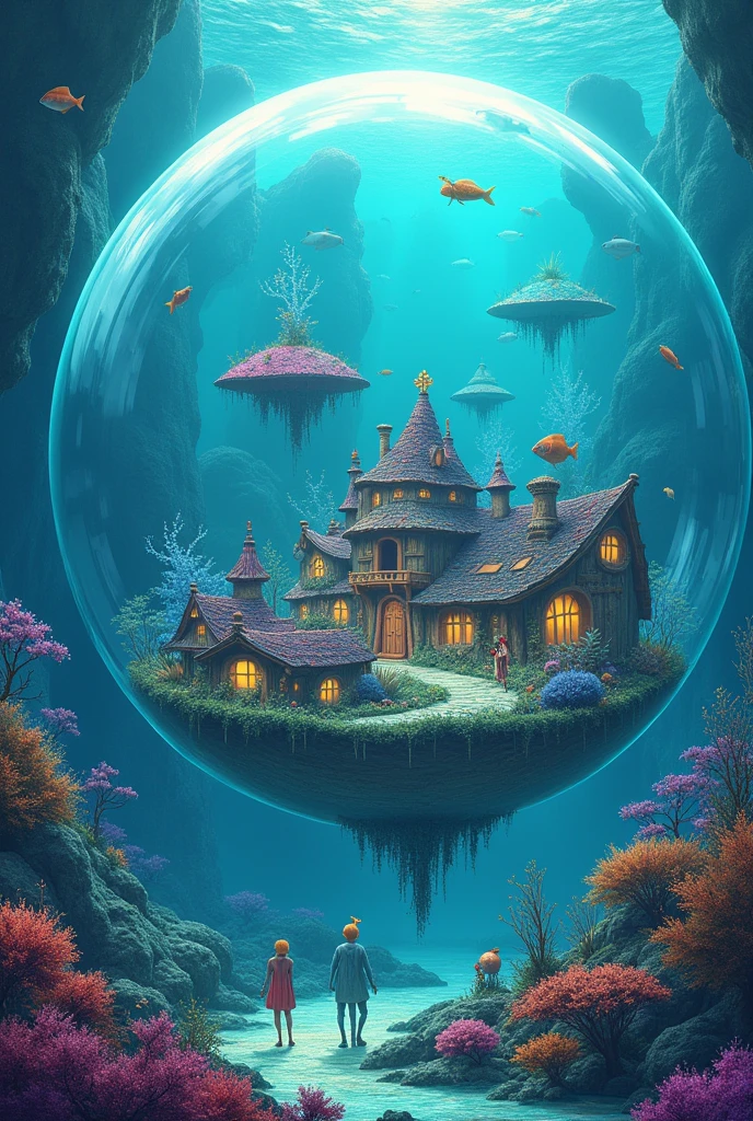 A fantasy world that is under the sea and is a very large, very gigantic and enormous bubble shaped like a dome., Within this there is an ecosystem and a fantastic city with vibrant colors like cyan, violet, rosado, green, blue. In this world there will be very thin tiny humanoid beings, con piel blue que se encuentran dentro de la burbuja. In this world there are no fish, only people inside the giant bubble, In this one there are log houses with fantastic shapes.