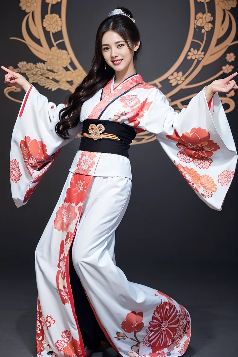 (SeaArt creates stunning illustrations of beautiful women in kimono)、Vividly colored Japanese Ukiyo-e style illustrations、A beautiful woman smiles and shows her upper white teeth、Brown-black long hair、Beautiful full body style、If you want to dance, let&#39;s dance, Tokyo Ondo, Yoi Yoi、Beautiful new digital paintings,、Bright vibrant digital anime art、 Beautiful anime portraits、background,Torii gate front of Japanese shrine、 Detailed digital anime art、