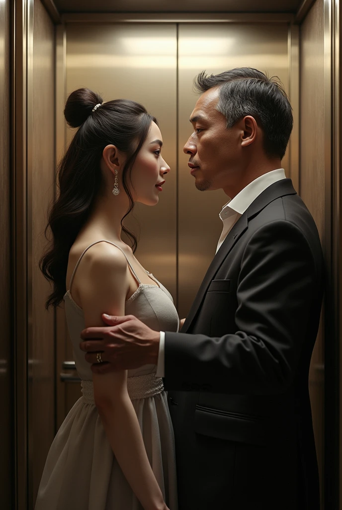 (photorealism:1.2), beautiful woman 172 cm tall with chubby and soft cheeks, standing in a elevator with a 40 y.o man 160 cm tall,who touching her cheek