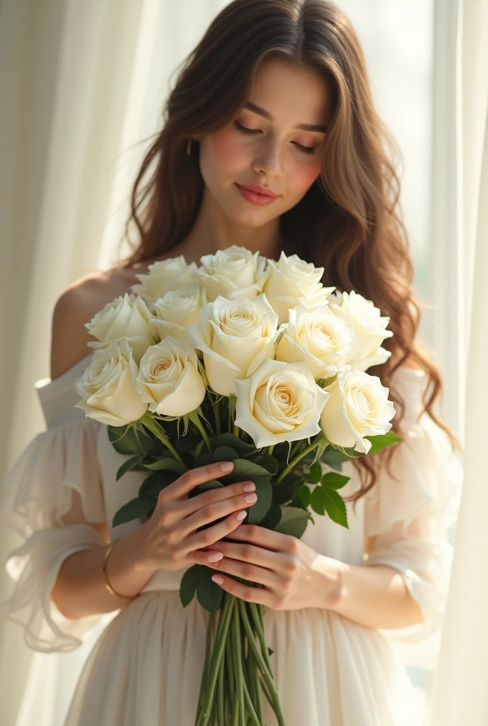 a bouquet of white roses in a vase is held by a beautiful girl with long hair