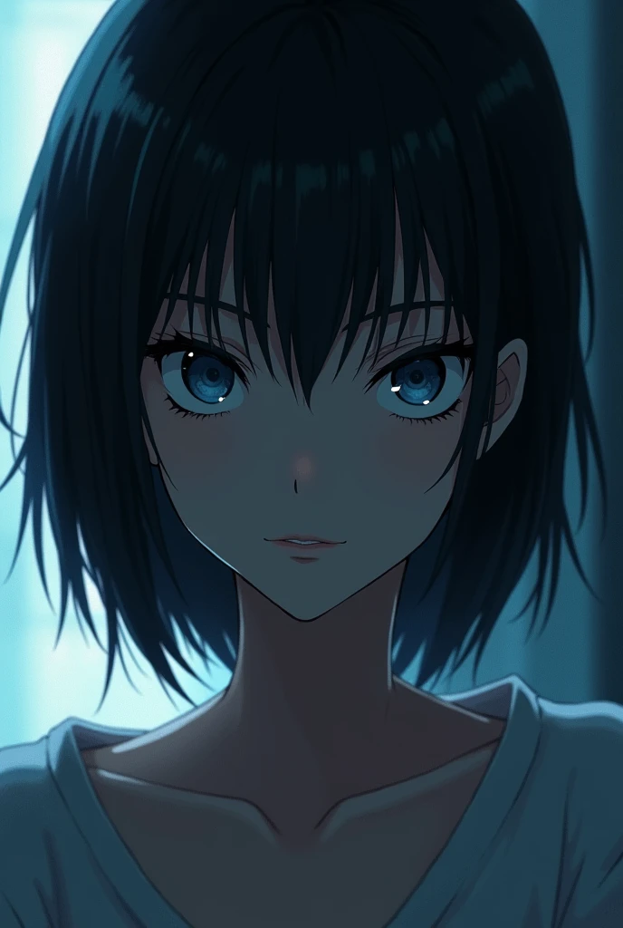 Anime、Tall woman、Black short hair、Deep blue eyes、Yandere、First-person view、Cover