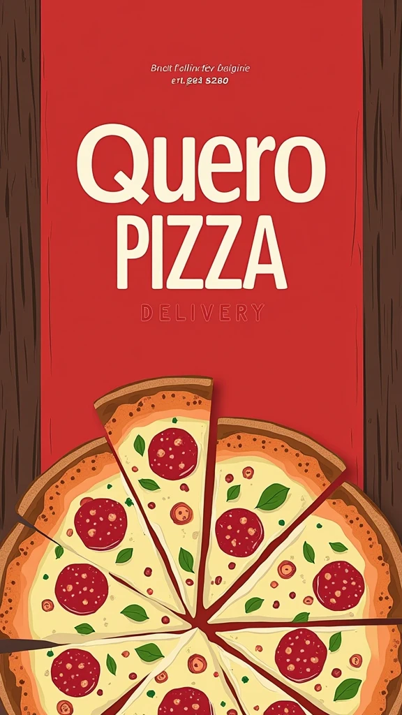 Create a minimalist pizza shop flyer, eye-catching and realistic with the name Quero Pizza Delivery 