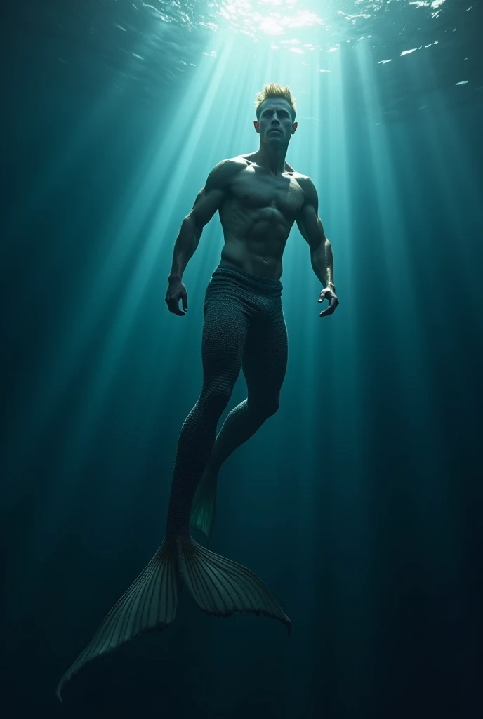 realistic photo of a newt (mythological being half fish half human) strong and handsome male merman in the dark seabed, it illuminated only by a ray of light, he swimming towards the surface, deep blue ocean, with an air of immensity, long tail and creaking legs joined indivisible. orange syrup. him on his back