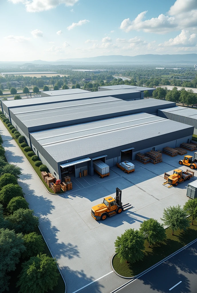 Create a Company Warehouse with Garita,Access road asphalt streets,Springs,Loading and unloading area ,building ,Equipment area ,Maintenance workshop,Equipment parking,Employee Parking With View from Above with Open Flow Configuration with Room for Cross-docking with Regular Shelving, Floor storage and cantilever racks that include the use of forklifts that have a reception door to the south and a dispatch door to the west. Type of dynamic storage system with exterior space for a yard of at least 10 containers.