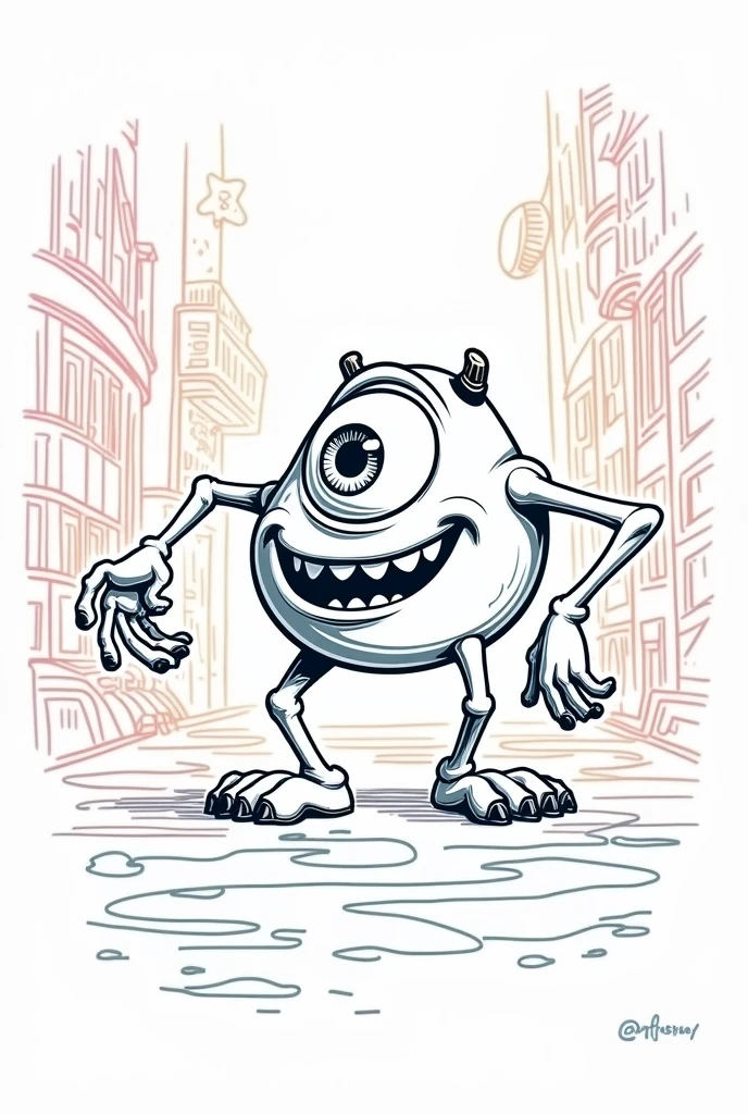 Mike Wazowski lineart drawing with gradient background and elements from the movie Monsters Inc.