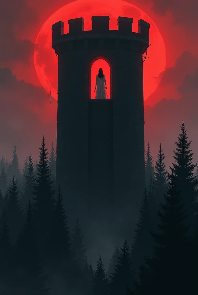 For horror book cover. drawing. The light emitted by the sky is reddish. A woman in a white toga looking out from the tower of the high-walled black castle. The woman is in the highest room. The woman looks with concern and fear at the forest at the foot of this castle. The woman looks down, towards the shadows of the trees.
