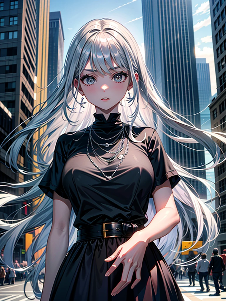 Masterpiece、High resolution、Detailed expression、Huge beauty、Silver Hair、18 meters tall、In a city building、Comparing heights with Bill