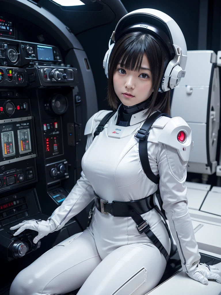masterpiece, Highest quality, Very detailed, Japanese Android girl, Beautiful 2 Japanese woman, Plump,Slightly thicker,Control panel,Android,cyborg,Blunt bangs,Sitting in a small cockpit,White robot suit,Thick harness belt,Helmet