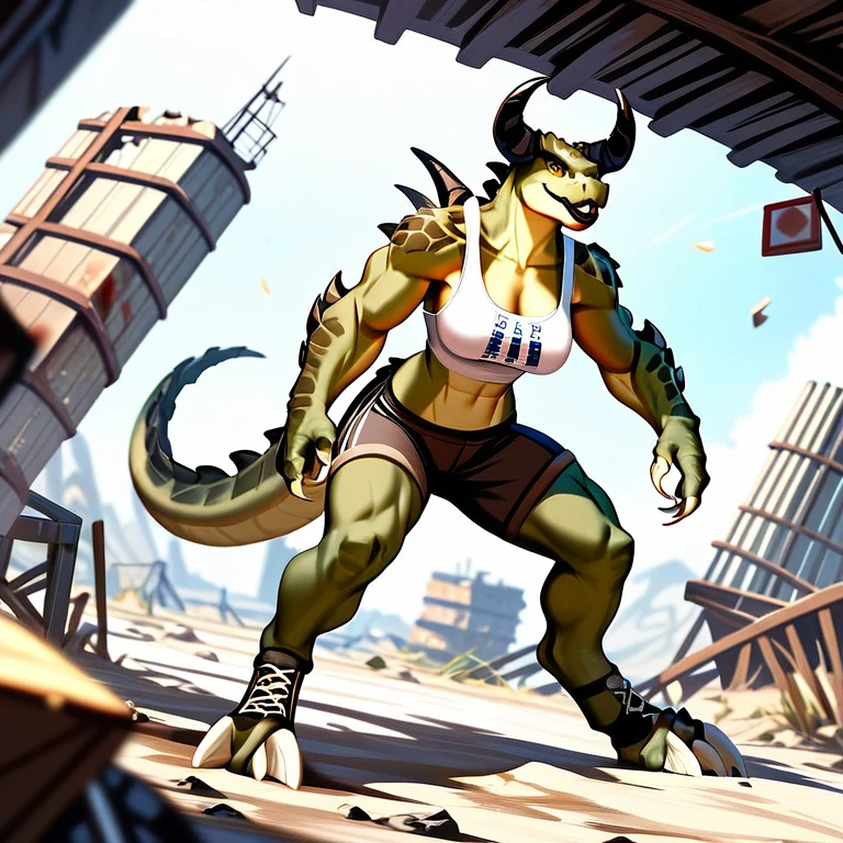(((Masterpiece))), ((4k)), (best body), Solo, score_9,score_8_up,score_7_up, kemono style, Anthro deathclaw from fallout, Anthro reptile girl, snout, green scaled skin, gold eyes, black lips, black horns, black ram horns, athletic body, smiling, wearing brown laced tank top, (detailed fantasy background), (full body), [midevil] 