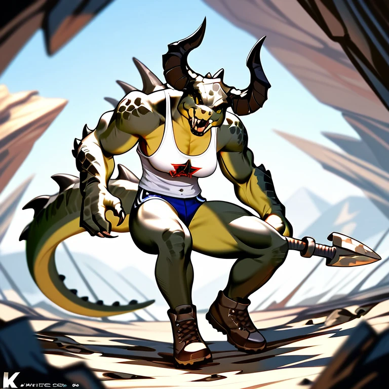 Solo, score_9,score_8_up,score_7_up, kemono style, Anthro Argonian female from skyrim, Anthro reptile girl, snout, red scaled skin, glowing red eyes, black lips, black horns, black ram horns, athletic body, and, wearing metal barbarians armor, barbarian boots, standing, grinning, simple white background