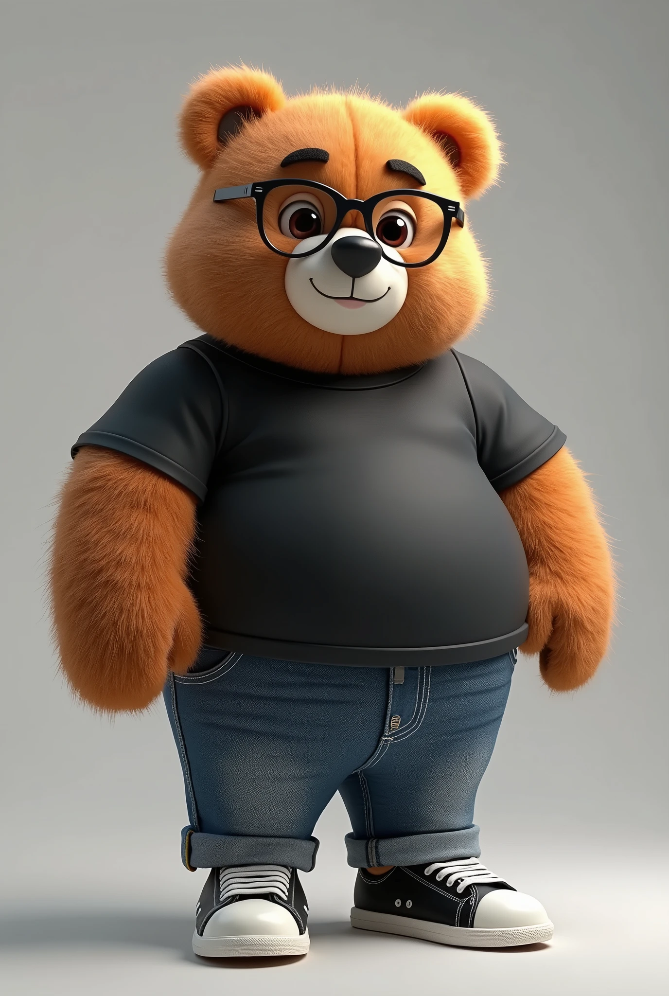 3D illustration of a chubby teddy bear dressed in a black shirt and jeans, black sneakers with white details, wearing glasses, with stubble, bald with hair on the sides, nerdy, middle-aged, with a friendly face, in 4K.