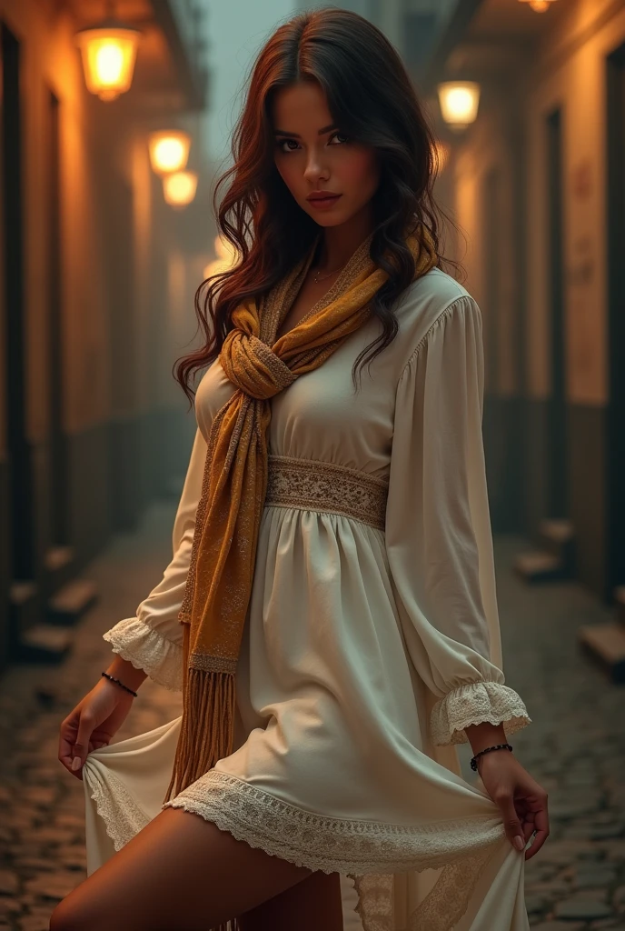 (photorealism:1.2), beautiful woman, brown hair style, on a street, elegant dress with a white scarf on her head, a white peasant-style, dark and gloomy atmosphere, posing sideways and looking towards the ground, dress, realist, intricate details, warm color environment, Lifting up her dress and showing her beautiful legs, extremely bright, pose sensual, posing like a top model, high boots and mini skirt,