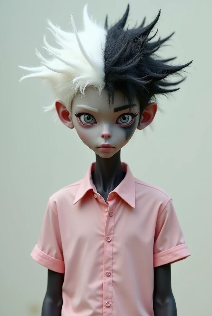 A Skin Man:Clear Eyes:brown Style:Realistic Body:thin and tall Hair:extra short, split in half one side white and the other side black Clothes:A pink shirt 