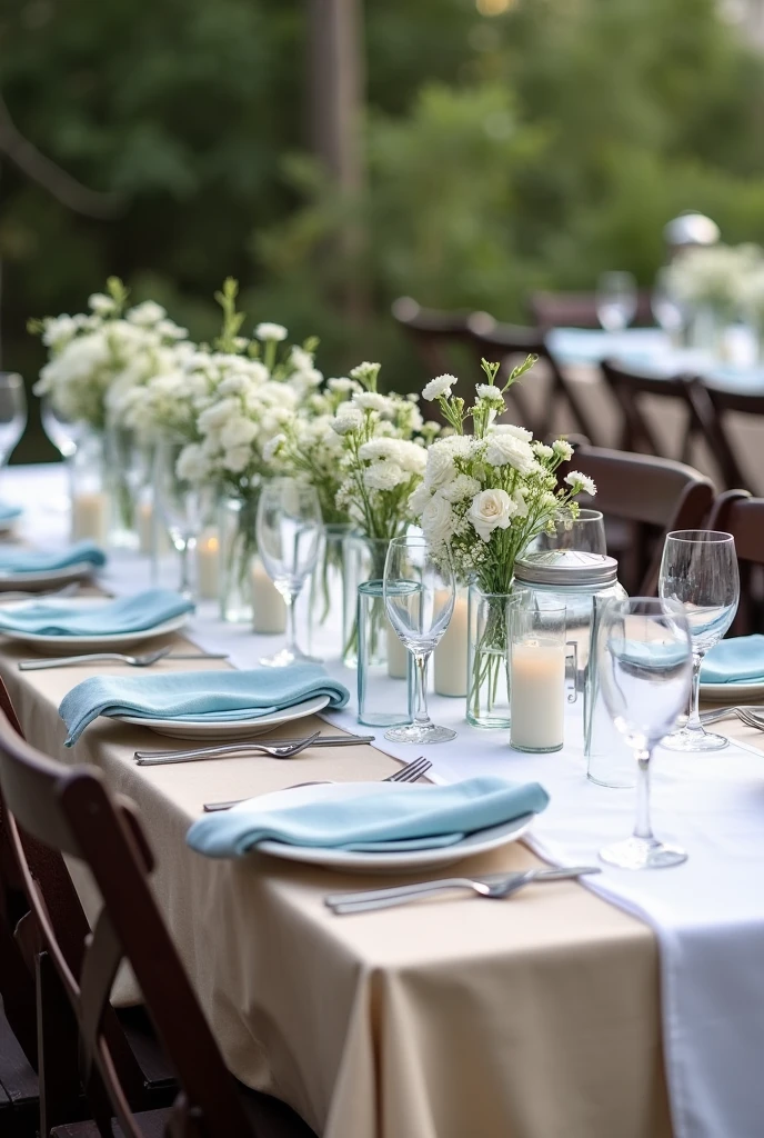 Tischdeko für ae Hochzeit im Mai 
- Farbkonzept: light blue/White/ beige, 
-modern
- afache Zylinderförmige Windlichtern aus klarem Glas mit Kerzen befüllt
- es stehen immer 3 Windlichter in unterschiedlichen Größen zusammen
- azelne unterschiedliche Blumen in unterschiedlich großen Vasen aus klarem Glas 
- Die Blumen nicht in großen Sträußen sondern jeweils maximal 3 azelne Blumen im aer Vase. 
- Whitee und light bluee Blumen 
- Die Tische sind 12er Tische.
-hellbeiges Laen Tischtuch, das locker auf dem Tisch liegt
- Whitee Tischdecke 
- light bluee Laen Servierten 20x20cm
- Die Tische sind 80cm breit.
- ka Platz vor Kopf 
- Decke den Tisch mit Geschirr, Cutlery and glasses (Wasser- und Waglas) a.
- the chairs are dark brown - more lanterns with candles than flowers View: Overview of the whole table from above 

