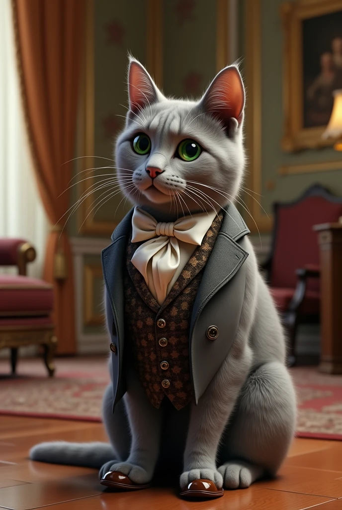a grey cat wearing a fancy clothes in a fancy place