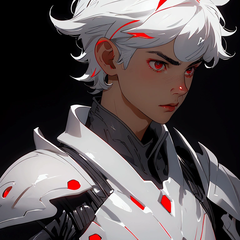 envision a 8k, highres, cinematic close up portrait of a boy with sleek skinny body, clean shaved, with short wavy white hair, and red eyes wearing a white and black leather armor against a dark gray background