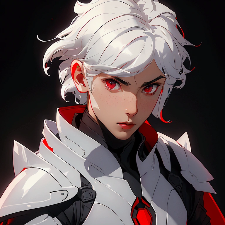 envision a 8k, highres, cinematic close up portrait of a boy with sleek skinny body, clean shaved, with short wavy white hair, and red eyes wearing a white and black leather armor against a dark gray background