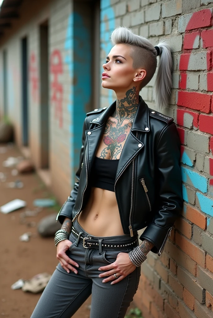 russian milf woman, grey  hair (pouf, top ponitail, shaved sides), with very light blue eyes, extremely pale skin. All neck with colour tattoos .All stomach tattoed in colour. All hands tattooed in colour .Wearing cropped aged black moto jacket with lots of zippers and pins.. Dark worn grey low rise skinny  jeans.. wide black studded belt. Leaning her back on a graffitied brick wall  with hands on her hips, looking up, chin up, stretching her neck , humble facial expression.. Listening with tilted head, looking up to somebody more clever  speaking to her from the sky, upper teeth visible. Well toned abdominals, thin neck, slim legs and thin arms. Narrow hips. Dirt street in Kenyan village full of waste. Lots of silver bracelets. 