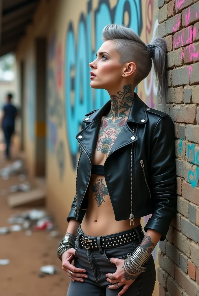 russian milf woman, grey  hair (pouf, top ponitail, shaved sides), with very light blue eyes, extremely pale skin. All neck with colour tattoos .All stomach tattoed in colour. All hands tattooed in colour .Wearing cropped aged black moto jacket with lots of zippers and pins.. Dark worn grey low rise skinny  jeans.. wide black studded belt. Leaning her back on a graffitied brick wall  with hands on her hips, looking up, chin up, stretching her neck , humble facial expression.. Listening with tilted head, looking up to somebody more clever  speaking to her from the sky, upper teeth visible. Well toned abdominals, thin neck, slim legs and thin arms. Narrow hips. Dirt street in Kenyan village full of waste. Lots of silver bracelets. 