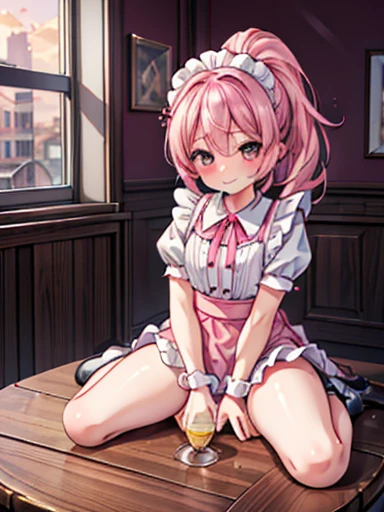 (from the front), Fisheye Lens, Beautiful 2, Curvy, Flat Chest, Small breasts,Underbust, (Kneeling on the round table), (On the table:1.5), (Leg spread), (Hot lemonade between my legs:1.3), (Classic puffy short sleeve ruffled blouse), (Pink mini skirt), (Pink Maid Apron), (Button-down shirt), (Neck Ribbon Button Gap)+ Thighs, High heels, (View your viewers:1.5), (Embarrassing:1.3), (Smile), (vapor:1.3), (Girl trembling with sexual climax:1.3), Mid-length hair, Pink Hair, High Ponytail, Wavy Hair, Glowing Skin, (coffee shop), window, morning, (crowd:1.3), (masterpiece, Highest quality, High resolution:1.3), Perfect Anatomy