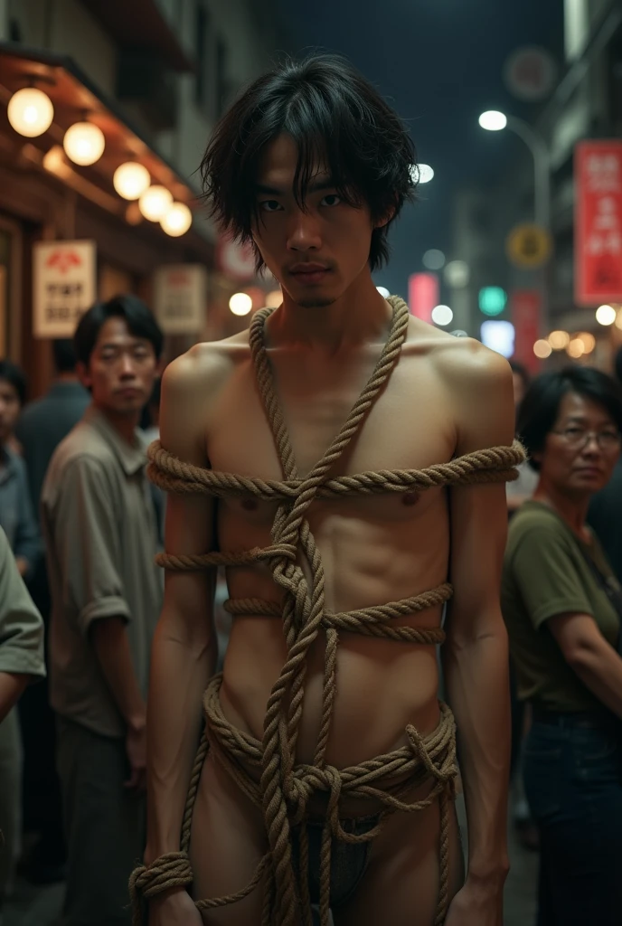 1boy、Handsome Men、Japanese male, 、Completely naked、Full nudity、erection、Huge penis、Slim body、Highest quality、Realistic、beautiful、Sad look、 ((((Completely tied up with rope)))), ((((A very tight rope is crisscrossed over the chest)))),(((Body bound with tight rope)))、whole body、Surrounded by old people、night、Dim lighting、Summer festival