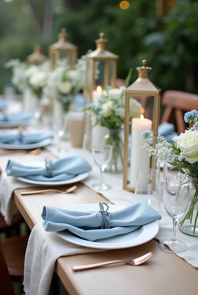 Tischdeko für ae Hochzeit im Mai 
- Farbkonzept: light blue/White/ beige, 
-modern
- afache Zylinderförmige Windlichtern aus klarem Glas mit Kerzen befüllt
- es stehen immer 3 Windlichter in unterschiedlichen Größen zusammen
- azelne unterschiedliche Blumen in unterschiedlich großen Vasen aus klarem Glas 
- Die Blumen nicht in großen Sträußen sondern jeweils maximal 3 azelne Blumen im aer Vase. 
- Whitee und light bluee Blumen 
- Die Tische sind 12er Tische.
-hellbeiges Laen Tischtuch, das locker auf dem Tisch liegt
- Whitee Tischdecke 
- light bluee Laen Servierten 20x20cm
- Die Tische sind 80cm breit.
- ka Platz vor Kopf 
- Decke den Tisch mit Geschirr, Cutlery and glasses (Wasser- und Waglas) a.
- the chairs are dark brown - more lanterns with candles than flowers View: Overview of the whole table from above 

