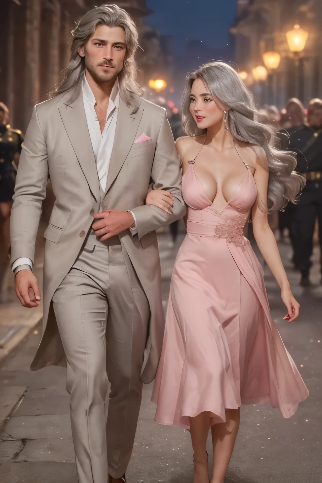 (masterpiece), (5K), (best quality), Couple,(perfect face), ((a young gray hair couple)), ((a gray long hair woman , vivid eyes, small boobs, pink dress)), brown eyes, ultra well detailed eyes, ((a gray hair guy, wearing a prince cloth, royal clothes)), walking together, (summer night walk), (perfect hands), (looking to the front)