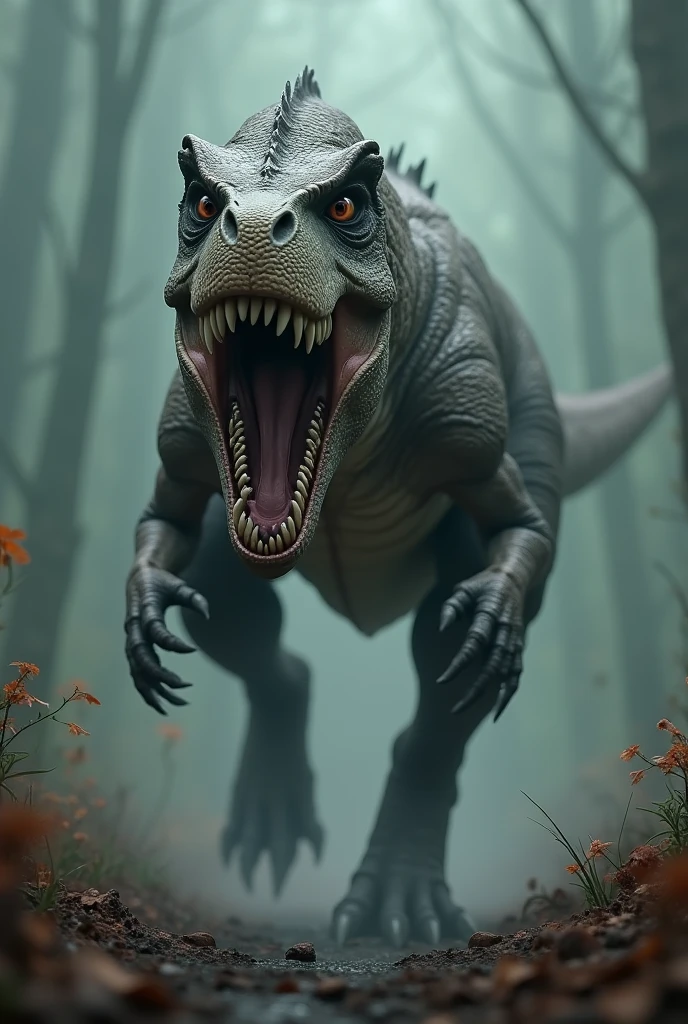 dinosaur running full of marks and scars, Terror, horror, tenebrosa, shining eyes, cadaver