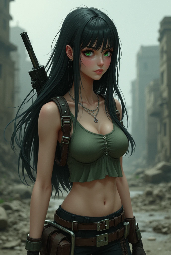 Ctea a girl from a zombie video game, He has long black hair and a white lock, has bangs. His eyes are big and green, She is attractive, She has very pale skin with pink undertones. He is standing holding a gun in his hands with a happy expression. Her clothes are a short blouse and some pants. have some belts on to hold weapons 