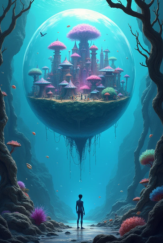 A fantasy world that is under the sea and is a very giant bubble, dome-shaped, Within this there is an ecosystem and a fantastic city with vibrant colors like cyan, violet, rosado, green, blue. En este mundo habran seres diminutos humanoides con piel blue que se encuentran dentro de la burbuja. In this world there are no fish, only people inside the giant bubble, In this one there are log houses with fantastic shapes.