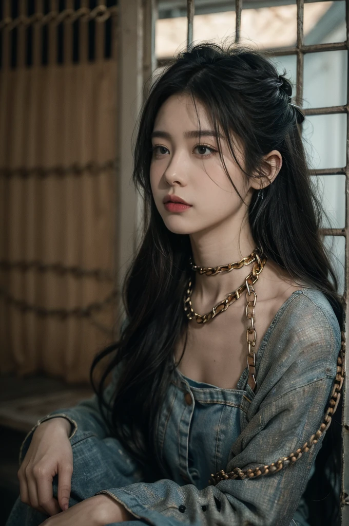 (((best quality))), (((ultra detailed))), (((masterpiece))), illustration,A girl sits in a dimly lit cell, (bound in heavy black chains:1.5), her long matted hair falling around her gaunt face. Her almond-shaped eyes are hollow and filled with sadness, once vibrant and full of life. She's wearing tattered clothes, once blue but now faded and stained. Her pants are loose on her emaciated frame. The cell is small and dingy, with stone walls and a concrete floor, a small barred window letting in faint light. The air is musty and rotting, but the girl sits with a calm resignation, her head bowed, hands in her lap, a flicker of defiance in her eyes. It's a chilling and disturbing scene, but also one of strength and resilience, a reminder of the human spirit's ability to endure