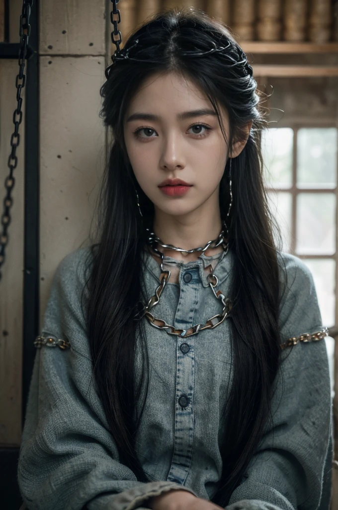 (((best quality))), (((ultra detailed))), (((masterpiece))), illustration,A girl sits in a dimly lit cell, (bound in heavy black chains:1.5), her long matted hair falling around her gaunt face. Her almond-shaped eyes are hollow and filled with sadness, once vibrant and full of life. She's wearing tattered clothes, once blue but now faded and stained. Her pants are loose on her emaciated frame. The cell is small and dingy, with stone walls and a concrete floor, a small barred window letting in faint light. The air is musty and rotting, but the girl sits with a calm resignation, her head bowed, hands in her lap, a flicker of defiance in her eyes. It's a chilling and disturbing scene, but also one of strength and resilience, a reminder of the human spirit's ability to endure