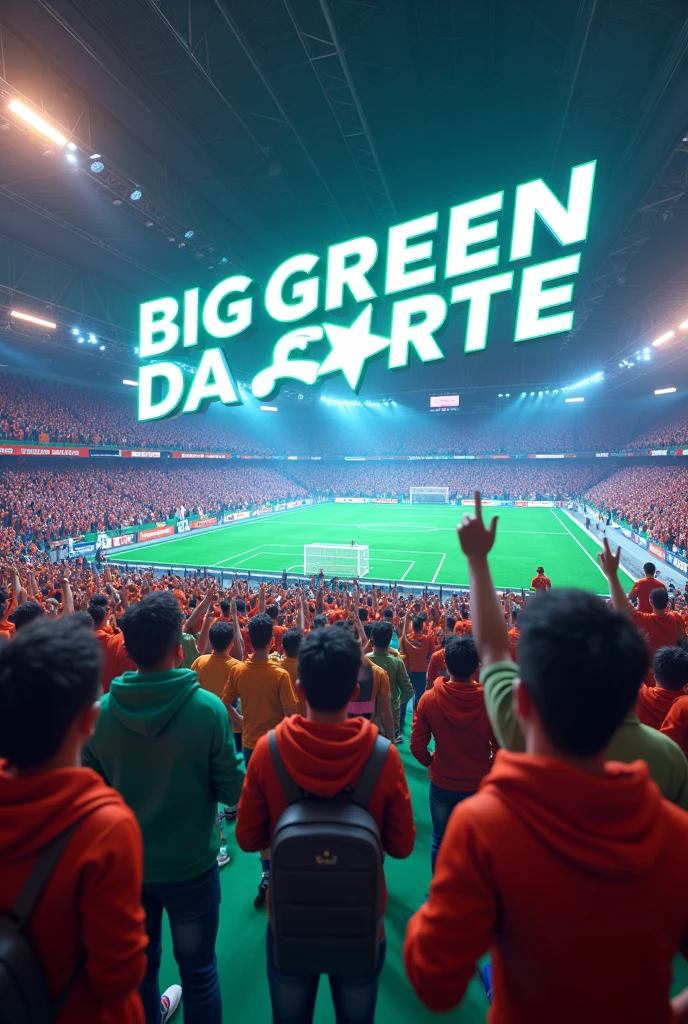 Create a 3d image of sports betting with the name biggreendasorte with the name, in the stadium with people