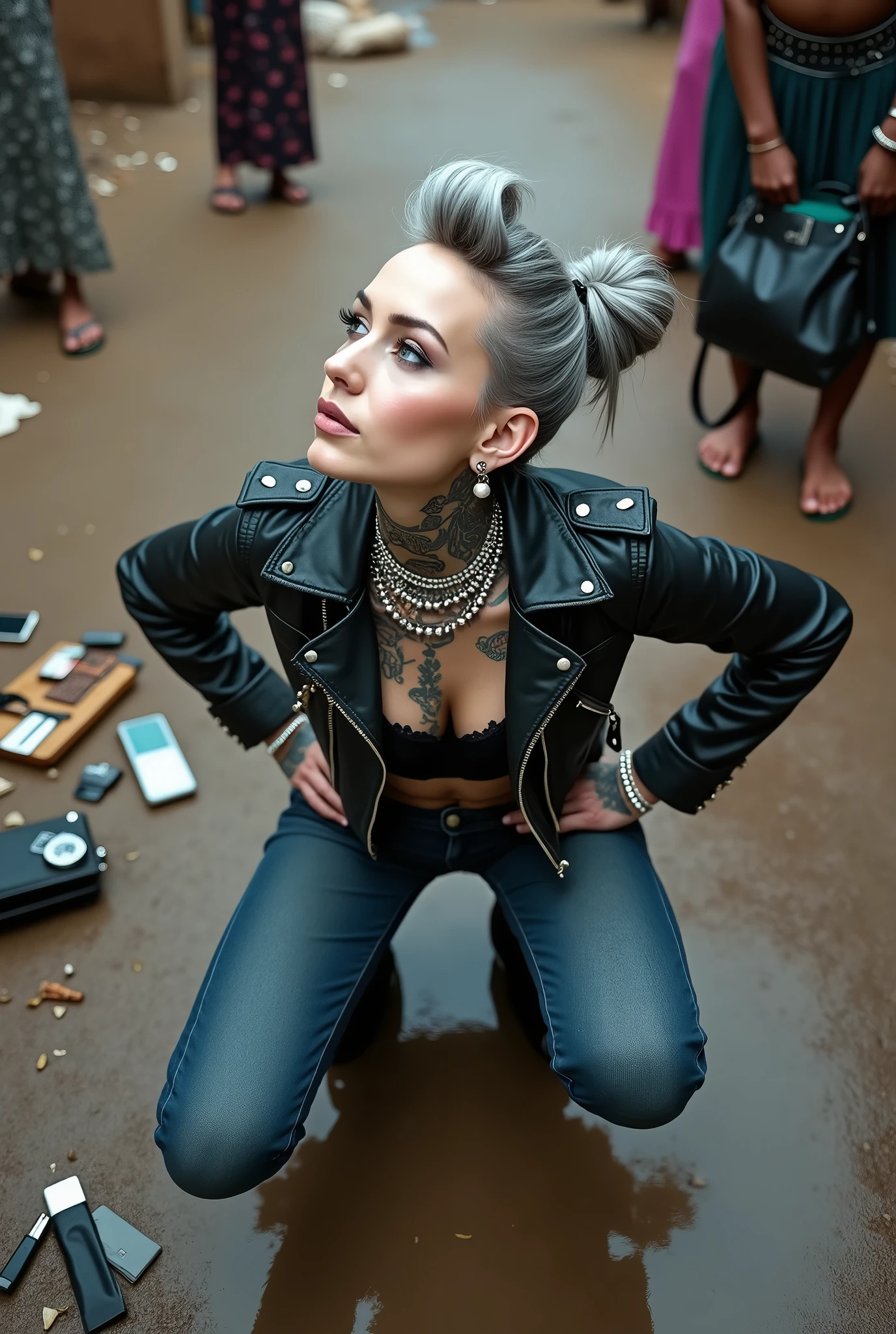 russian milf woman, grey  hair (high pompadour, top bun), with very light blue eyes, extremely pale skin. All neck tattooed. Hands and forearms all tattooed. Wearing cropped aged black moto jacket with lots of zippers and pins, flipped up collar.. black lace push up bra. Dark blue skinny  jeans.. flip flops. . Dirty knees, dirty feet and muddy hands.  Squatting on a puddle with hands on her hips, looking up, chin up, stretching her neck , humble facial expression.  Black nail polish. studded black leather tote bag with chain on the floor, next to her.. Listening with tilted head,looking up in amazement to somebody speaking to her from the sky, upper teeth visible. Well toned abdominals, thin neck, slim legs and thin arms. Narrow hips Cleavage, stomach, neck, and hands completely covered with colour tattoos. Dirt street in Kenyan village full of waste. Lots of silver bracelets, silver pendants,  and big pearl collars and necklaces around all the neck. A lot of tanned fat women  in traditional dresses around looking at her. next to her, all her belongings scattered on the floor: tobacco packs, makeup kit, little makeup mirror, studded black leather tote bag, lipstick, wallet, moble etc on the floor, point of view; from above