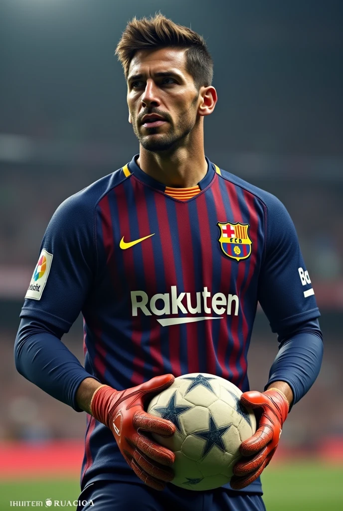 create an image of a goalkeeper with the Barcelona shirt with the name "Kauã" on his back holding the ball (ultra realistic) (for cell phone wallpaper) (on his back)