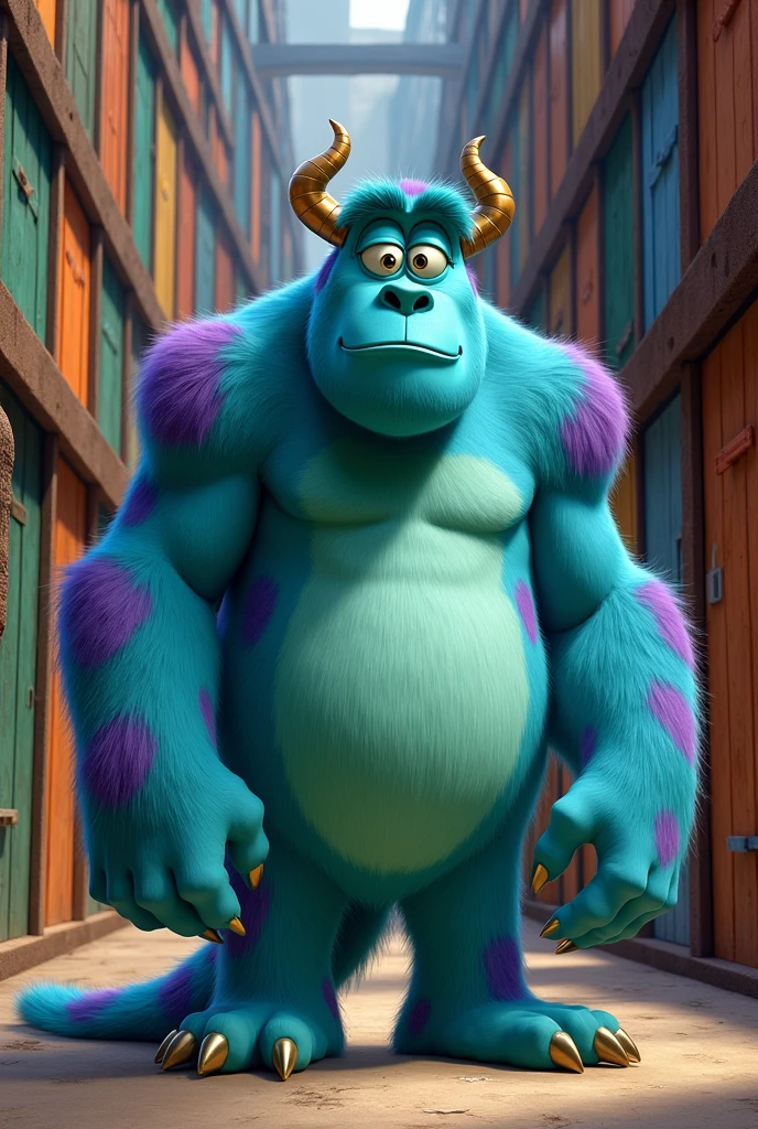 Drawing sully sullivan with background of monsters inc doors