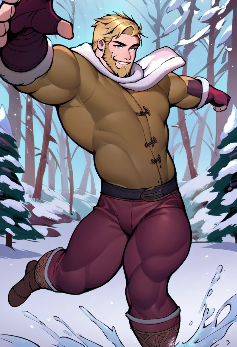 Cartoon warrior, handsome, muscular male, winter clothes, big beard, cool, from side, epic pose, muscular, evil smile, splash art, blonde hair, viking, pants, DisneyStudio, u can se her hips, winter forest background, 