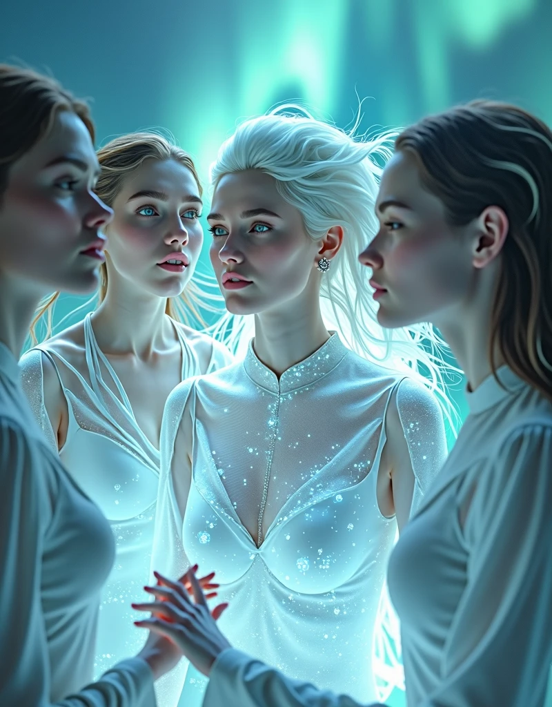 masterpiece,Distinguished Quality,Mirror-like,Cinematic Experience,insanely detailed,absurdres),8k,wallpaper,(Ray Tracing),4females together,,Beautiful Shii Women,(God the Lady of Light is floating in the air:2.0),(front:2.0),”(A body made up of white light particles:2.0)”,BREAK(White Hair:2.0),(White skin:2.0),Portrait of a goddess,(god々Shii:2.0),(fantasy digital art:2.0),(Upper body close-up:2.0),(super sexy:2.0),(Diffuse reflection of light:2.0),BREAK(The background is the beautiful Aurora:2.0),(Beautiful face,Detailed face,Beautiful skin texture:1.3,Beautiful Hair),(Detailed hands:2.0),(Beautiful hands:2.0)