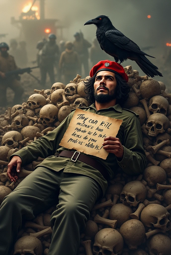 Che Guevara dead,the beret and the mutilated body on top of many bones and skulls, a paper in his hand that says they can kill the man but not the ideas. A crow takes out one of his eyes, to Che, In the background a war