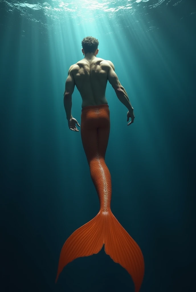 realistic photo of a newt (mythological being half fish half human) strong and handsome male merman in the dark seabed, it illuminated only by a ray of light, he swimming towards the surface, deep blue ocean, with an air of immensity, long orange tail he's back turned