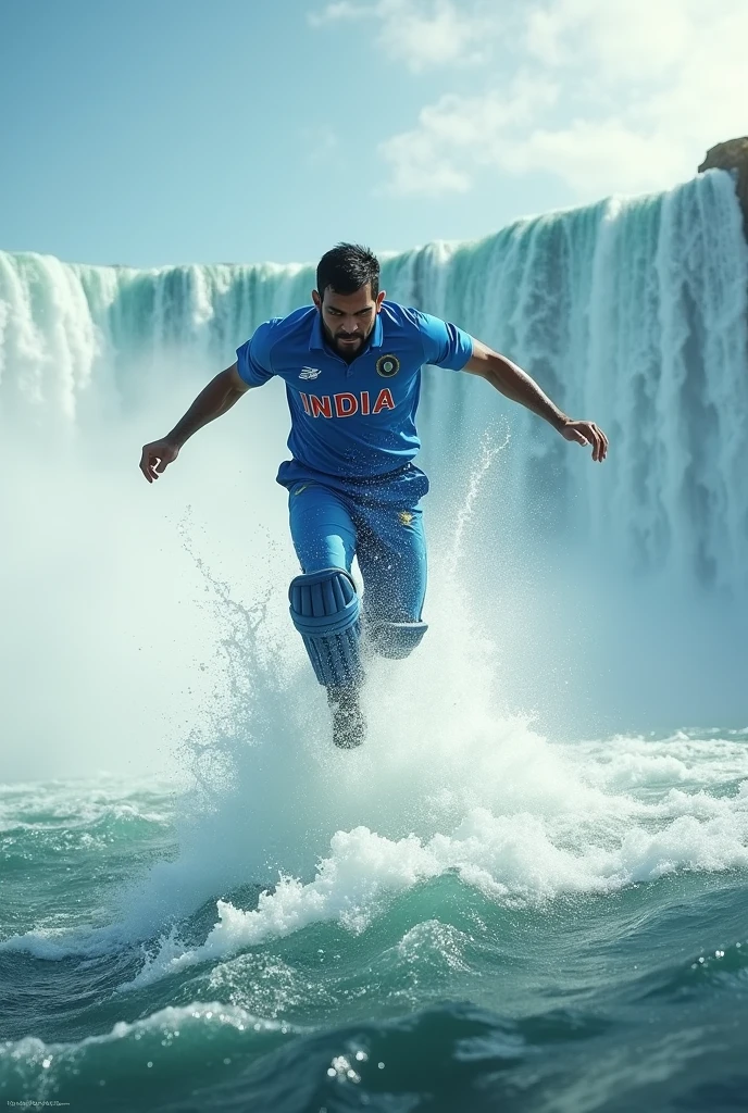 MS Dhoni with short hair jump in the niagara waterfall
