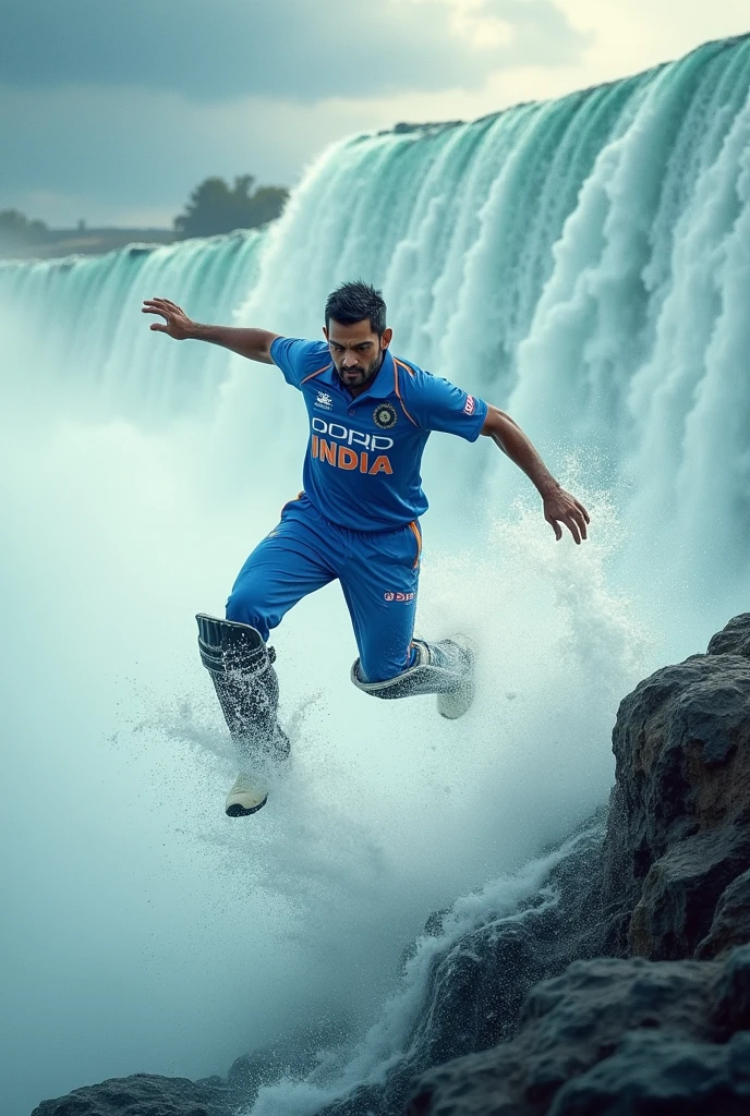 MS Dhoni with short hair jump in the niagara waterfall