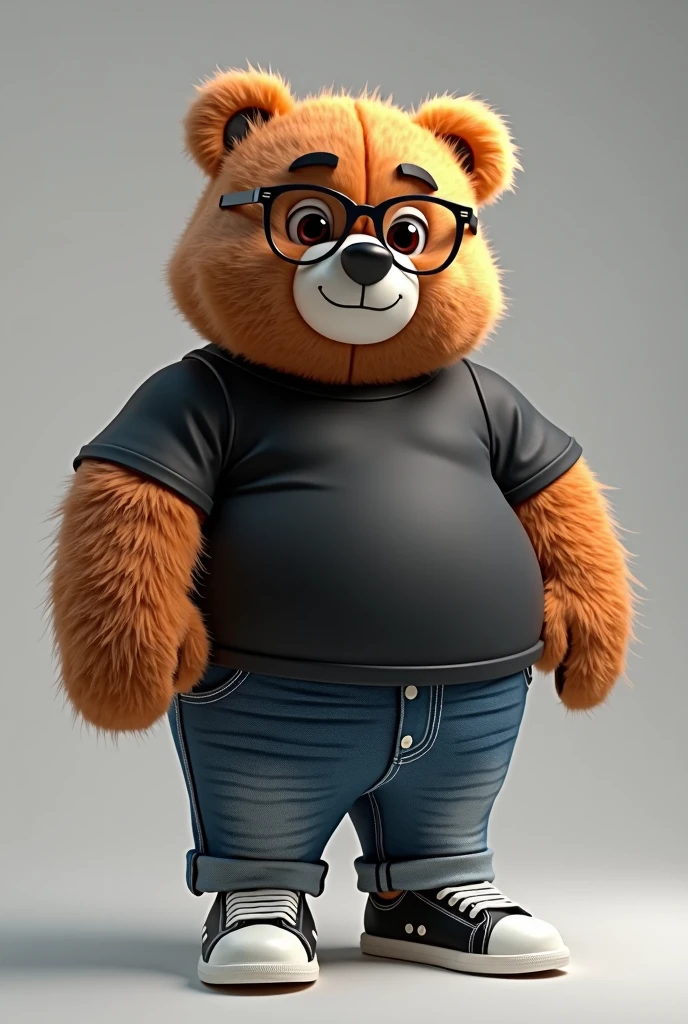 3D illustration of a chubby teddy bear dressed in a black shirt and jeans, black sneakers with white details, wearing glasses, with stubble, bald with hair on the sides, nerdy, middle-aged, with a friendly face, in 4K.