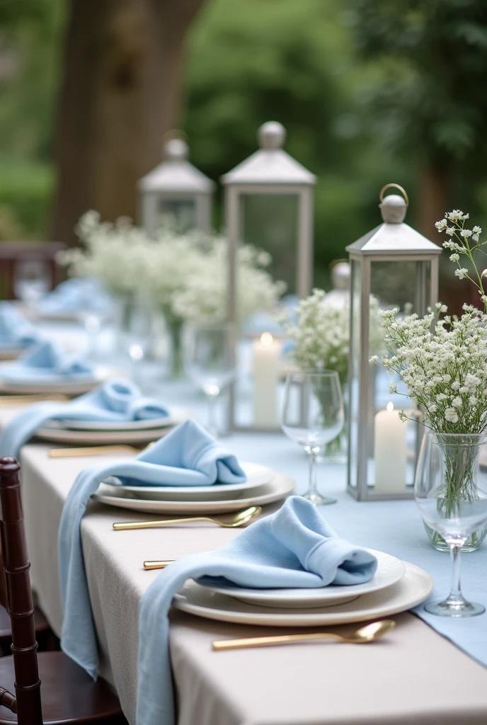 Tischdeko für ae Hochzeit im Mai
- Farbkonzept: light blue/White/ beige,
-modern
- afache Zylinderförmige Windlichtern aus klarem Glas mit Kerzen befüllt
- es stehen immer 3 Windlichter in unterschiedlichen Größen zusammen
- azelne unterschiedliche Blumen in unterschiedlich großen Vasen aus klarem Glas
- Die Blumen nicht in großen Sträußen sondern jeweils maximal 3 azelne Blumen im aer Vase.
- Whitee und light bluee Blumen
- Die Tische sind 12er Tische.
-hellbeiges Laen Tischtuch, das locker auf dem Tisch liegt
- Whitee Tischdecke
- light bluee Laen Servierten 20x20cm
- Die Tische sind 80cm breit.
- ka Platz vor Kopf
- Decke den Tisch mit Geschirr, Cutlery and glasses (Wasser- und Waglas) a.
- the chairs are dark brown - more lanterns with candles than flowers View: Overview of the whole table from above