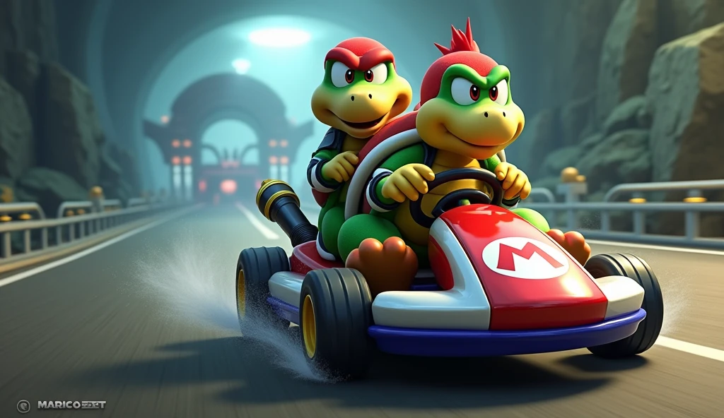 Koopa and Paratroopa in the foreground on a Mario Kart Double Dash two-seater, with a dark Mario Kart Double Dash circuit in the background.