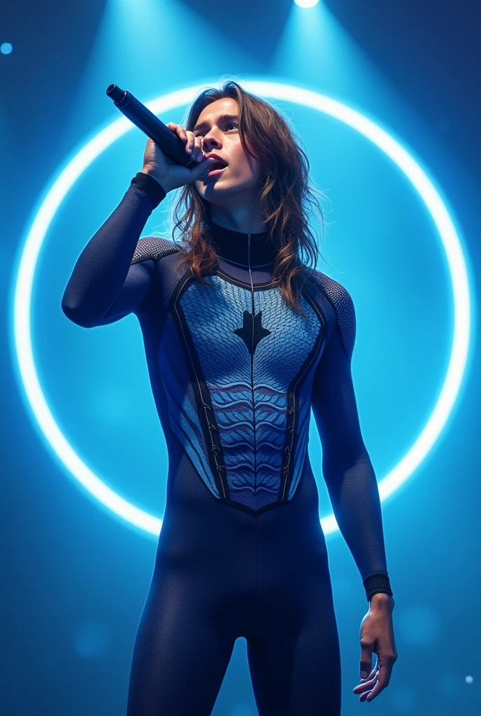 artwork best quality beautiful realistic american male teenager long brown hair wearing websuit with waves on chest with fish scales and waves drawn in blue and dark blue color full body with light blue pants intricate details singing holding a microphone with blue light circle illuminated around him a concert with details uhq 8k
