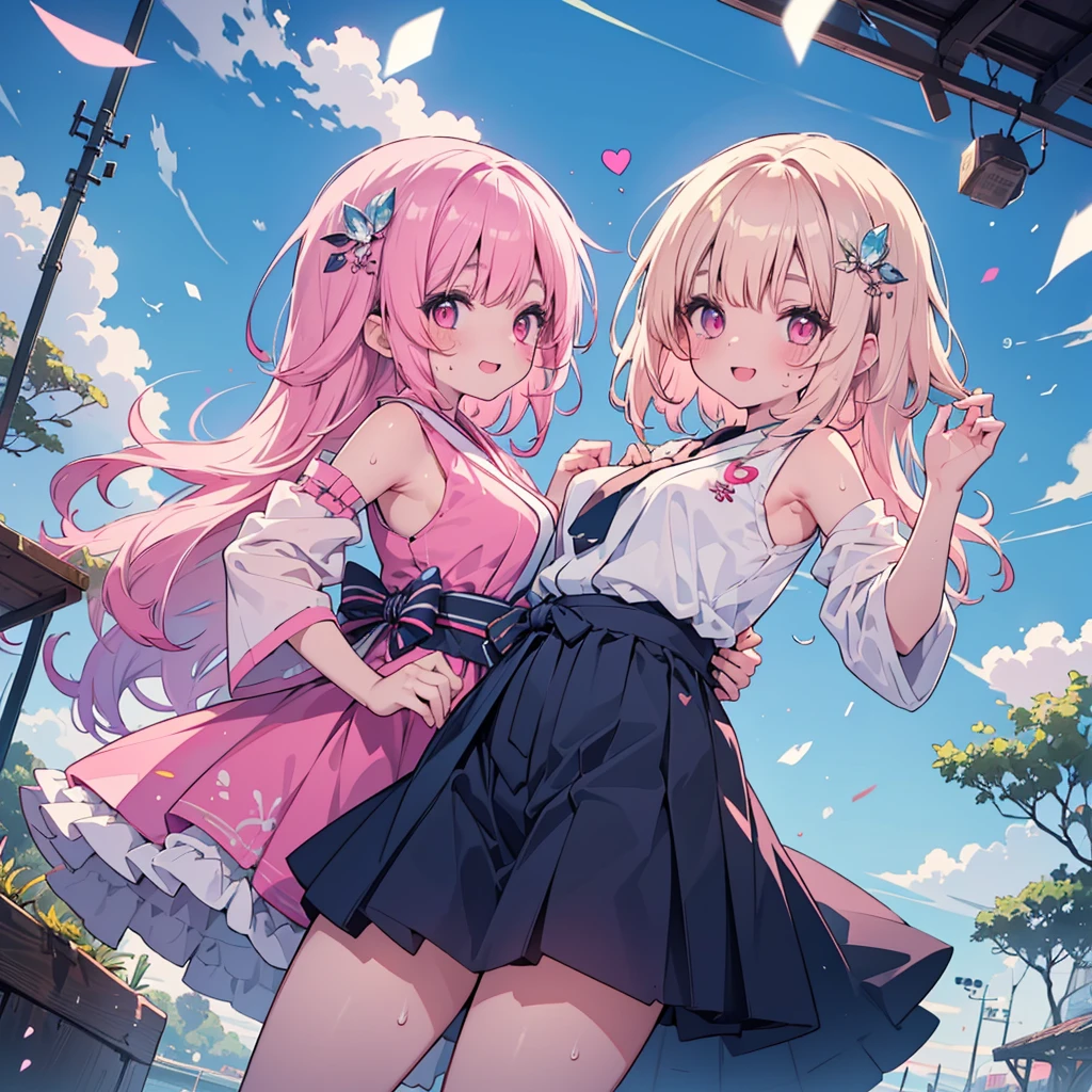 (2 people),(Best image quality, 8k, masterpiece:1.3), (high school student:1.5), ((Pink lob hair:1.1)), (Bobcut),(Swept-apart bangs), (Cute eyes, Dark Eyes, Iris Sky Blue, like々funny Face), (Standard weight), (Small breasts), (Glowing Skin:1.3),(Pale skin:1.2),(Sweaty skin:1.2),(smile),break YunaX, Removable sleeves, kimono, sash, heart, Hakama skirt, Purple too,break ((Show me your armpits)),(Crystal Tree), (flying debris), (Highest quality), Very detailed, Focus Only,dynamic,((smile)),Perfect Face, 美funny Face, Very detailedな顔,(Pink long hair_Pink Eyes:1.3),Swimwear,Idle only,Gorgeous hair ornament,smile,Large Breasts,smile,2 peopleの, Open your chest wide