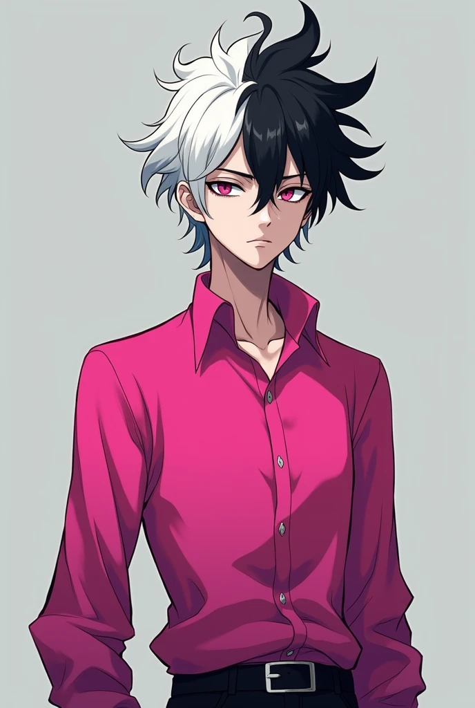 A Skin Man:Clear Eyes:brown Style:anime body:thin and tall Hair:extra short, split in half one side white and the other side black Clothes:A pink shirt